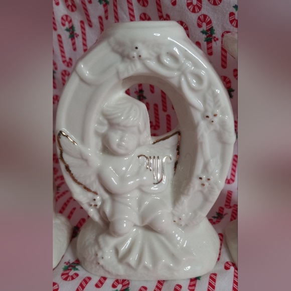 Holiday White Porcelain Gold Gilded Candle Holders JOY Angels Cherubs. - Picture 7 of 9